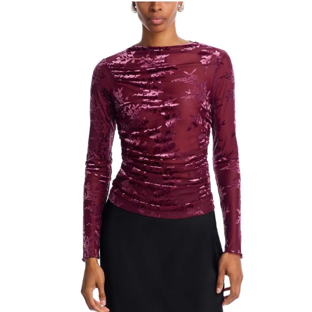 WAYF Ruched Floral Top Merlot Velvet Burnout Mesh Long Sleeve XS NEW 5318455